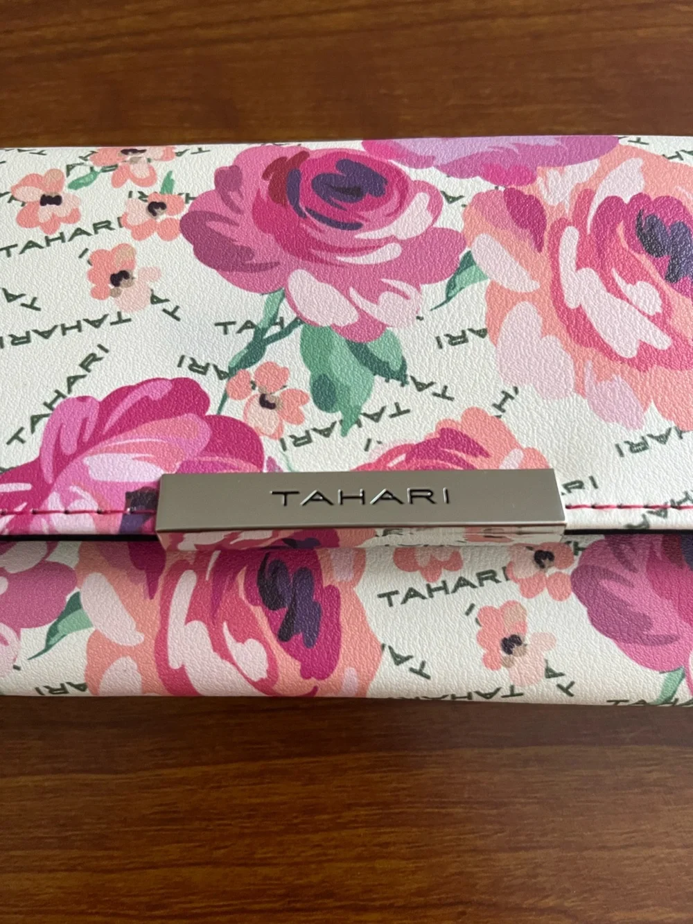 NWT TAHARI Floral Pink Clutch Wallet Rose Faux Leather Vegan Logo Snap RFID